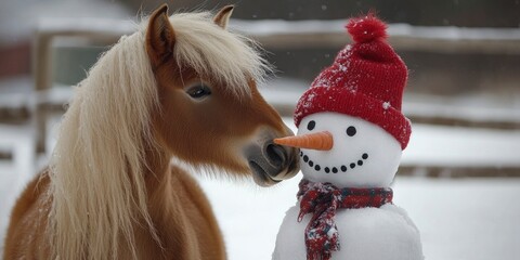 a cute pony kissing a snowman wearing a red hat on winter landscape background