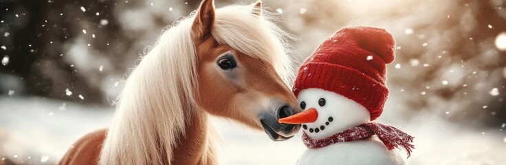 a cute pony kissing a snowman wearing a red hat on winter landscape background