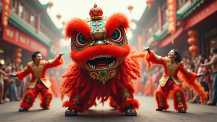 Fototapeta premium Traditional Chinese lion dance captivating the crowd in a festive street celebration.