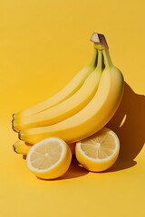 A pile of bananas on a podium against yellow background