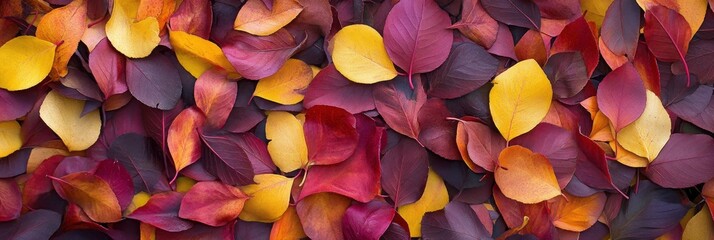 A pile of colorful autumn leaves in various shades of red, yellow, and purple.