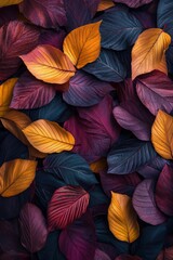 A pile of colorful autumn leaves in various shades of red, yellow, and purple.