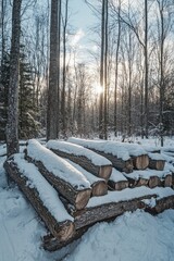 A pile of felled trees in the snow with a forest in the background