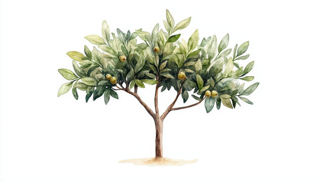 Watercolor depiction of nutmeg tree with lush green leaves and fruits