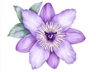 Watercolor passionflower with vibrant purple petals and green leaves