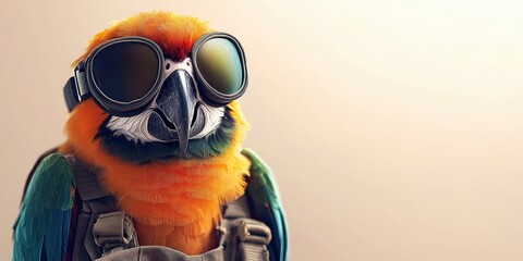 a colorful parrot in a pilot outfit with goggles on blur beige background