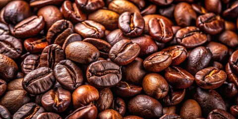 Obraz premium Aromatic dark roast coffee beans, whole and roasted to perfection, create a rich background for premium coffee photography.