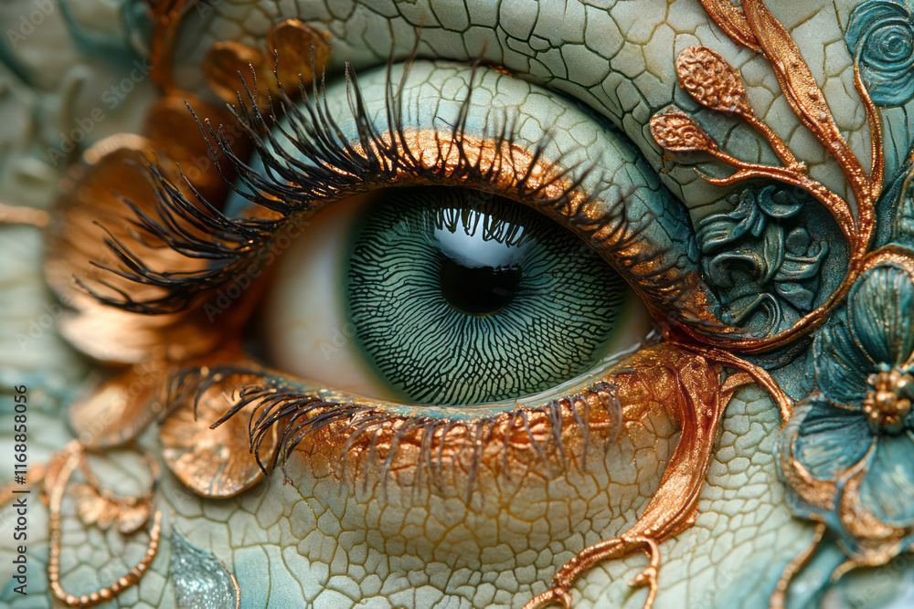 Poster a close-up of a green iris merging into a hazel iris, with intricate patterns,