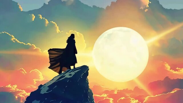 Heroic figure stands majestically against sunlit mountain peak at sunset