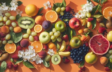 Vibrant Arrangement of Fresh Fruits and Flowers on Bright Orange Background, Showcasing Variety of Colors and Textures for Healthy Eating and Nutrition Concepts