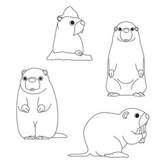 Groundhog Day Marmot Woodchuck Cartoon Character Black and White Coloring Book Vector Set 2