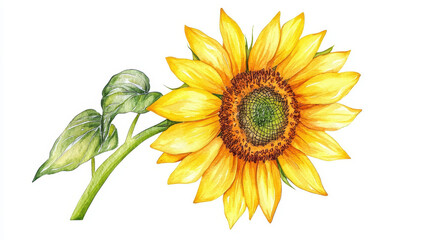 Fototapeta premium Watercolor sunflower with vibrant yellow petals and green leaves
