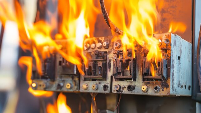 Overload short circuit in an old and grunge fuse box causing fire and burn due to excessive heat, depicting electrical hazards and damaged wiring in a neglected electrical system
