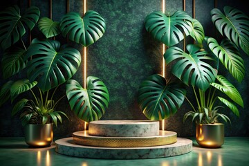 Obraz premium Art Deco monstera plant on a gold terrazzo podium, 3D rendered.
