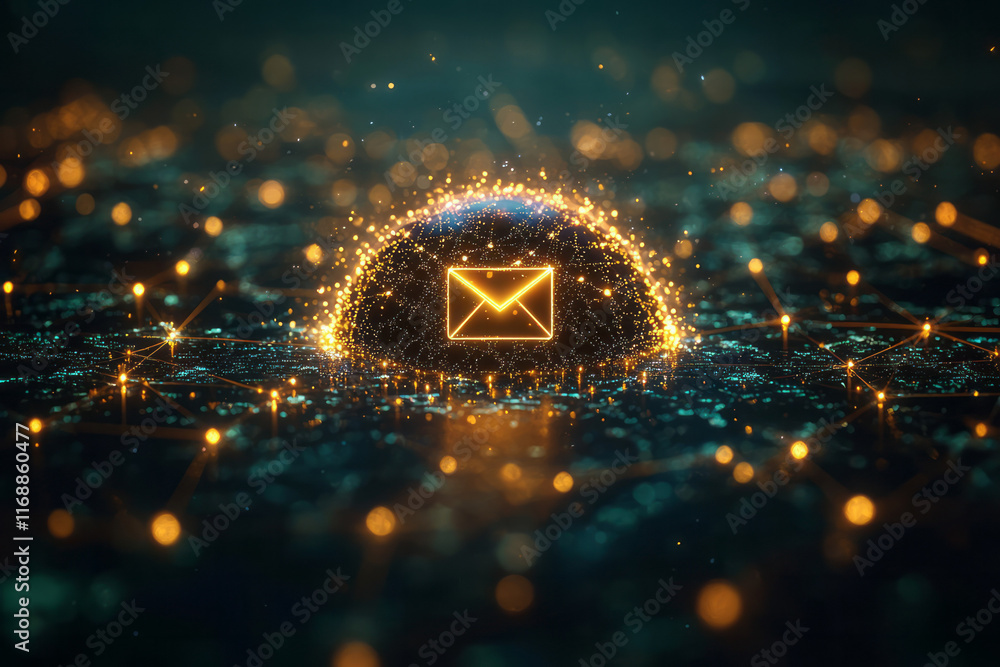 Aufkleber a glowing email icon hovering above a simple globe, with light beams connecting to various points,