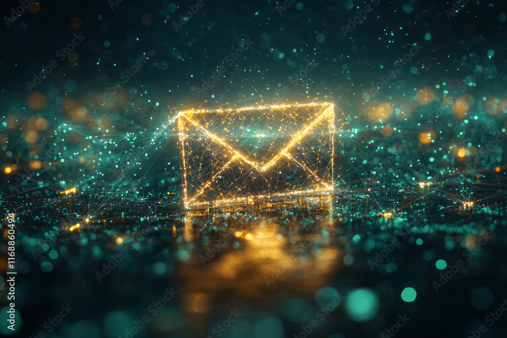 Poster a glowing email icon hovering above a simple globe, with light beams connecting to various points,