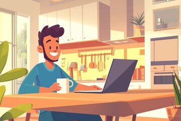 In his home office, a cheerful young handsome man with glasses is diligently working on a laptop placed on the desk