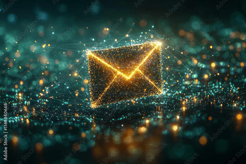 Poster a glowing email icon hovering above a simple globe, with light beams connecting to various points,