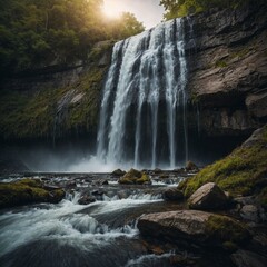 The waterfall mist glowing in sunlight.