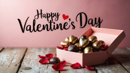 Golden and brown heart shaped chocolates in pink box with rose petals on wooden table for valentine's day celebration
