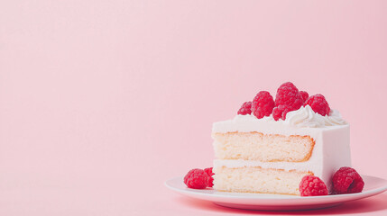 Sweet Pink Delight: A single slice of white cake with a delicate layer of whipped cream and fresh raspberries sits on a white plate against a soft pink background.  The image is simple, clean.