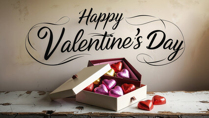 Open box of heart shaped chocolates sitting on rustic table with happy valentine's day written on wall