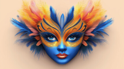 Cartoon style illustration of a vibrant carnival mask adorned with feathers, showcasing intricate designs and bright colors