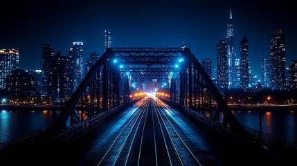 Obraz premium Night Cityscape Train Tracks Bridge Illuminated Skyline