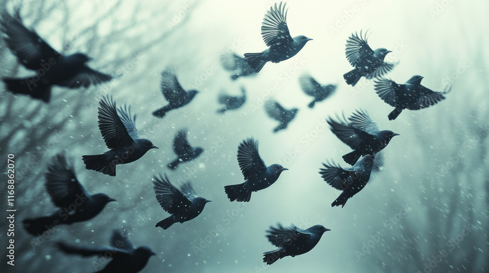 Poster a flock of birds migrating in a circular pattern, symbolizing their yearly cycle,