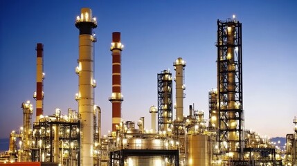 Fototapeta premium Illuminated oil refinery and petrochemical plant at night showcasing industrial infrastructure, chemical processing, and energy production with a vibrant urban landscape in the background