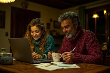 Fototapeta premium In the living room, a married couple uses a laptop to work from a home office while seated at a table