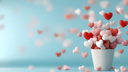 Blue vase filled with pastel red, pink, and white heart shapes floating on soft background, symbolizing romantic love for Valentine’s Day decoration and designs.