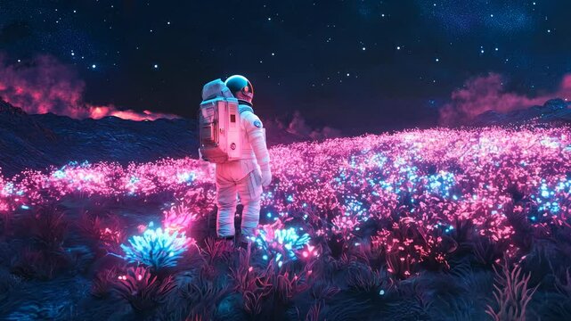 An astronaut stand in a field of bioluminescent plants on an alien world, with glowing flora lighting up the dark landscape around them
