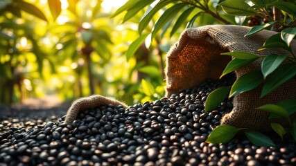 Sunlit Coffee Beans Spill from Burlap Sacks in Lush Plantation Setting