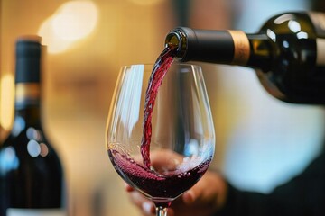 Elegant Red Wine Pouring into a Glass with a Bottle in the Background, Captured with High-Resolution Quality and Beautiful Lighting for Wine Lovers