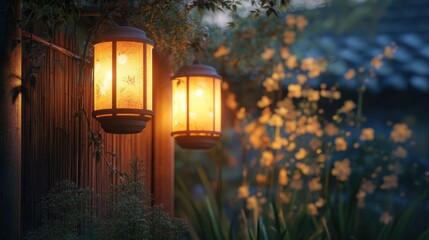 Two lanterns hanging from a fence, one of which is lit