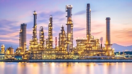 Obraz premium Illuminated oil refinery and petrochemical plant at night showcasing industrial infrastructure, chemical processing, and energy production with a vibrant urban landscape in the background