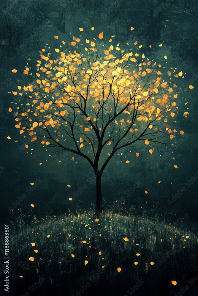 Poster a stylized tree with leaves falling and regrowing in a continuous cycle,