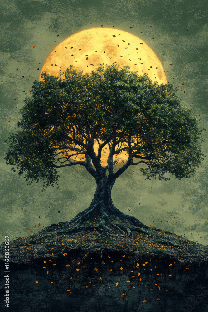 Poster a stylized tree with leaves falling and regrowing in a continuous cycle,