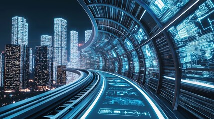 Futuristic Floating Walkway Amidst Towering Buildings with Interactive Screens Displaying Modern Ideograms in China