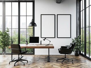 A 3D render of a modern interior design, displayed as a home office wall poster mockup in a frame on ISO A paper size