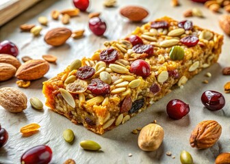 Fototapeta premium Artisan granola bars: crunchy almonds, vibrant cranberries, and nutty pumpkin seeds. Irresistible!