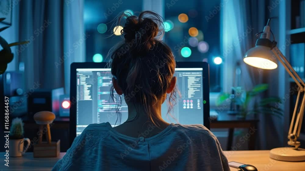 Poster A person is engaged in programming late at night, surrounded by a dimly lit modern workspace. The computer screen displays lines of code, while ambient light creates a calm atmosphere.