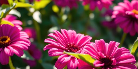 Obraz premium Vibrant Pink Flowers in a Lush Garden, Dew Drops Sparkling in Sunlight