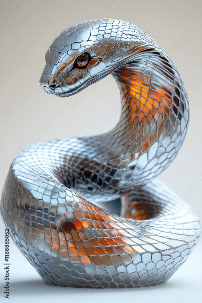 Poster A mechanical snake-like structure curling and uncurling endlessly,