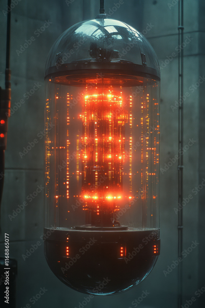Poster a futuristic perpetual energy machine with pulsating lights,