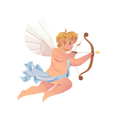 Flying cupid with bow and arrow. Vector amur icon or clipart. Fairy character or mythological creature. Baby angel shoots in the heart. God of desire and love. Valentines day holiday.