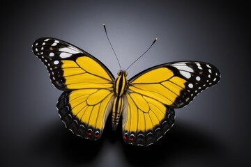 Obraz premium yellow butterfly with black spots on wings on a black background