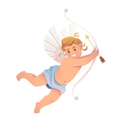 Vector icon of amur or cupid. Clip art or image. Happy baby angel character with bow and arrow. Personage of Greece mythology or legend. God of desire and love. Valentines day holiday.