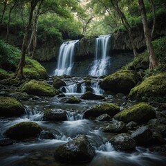 Obraz premium The waterfall framed by trees or rocks.